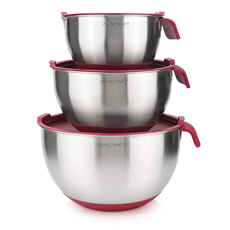 AVACRAFT 18/10 Stainless Steel Mixing Bowls with Lids  non slip silicone base bowls with Handle  Mixing Bowl Set with Pour Spouts & Measurement Marks  Home Essentials Cooking Bowls  (Red) - Image 1